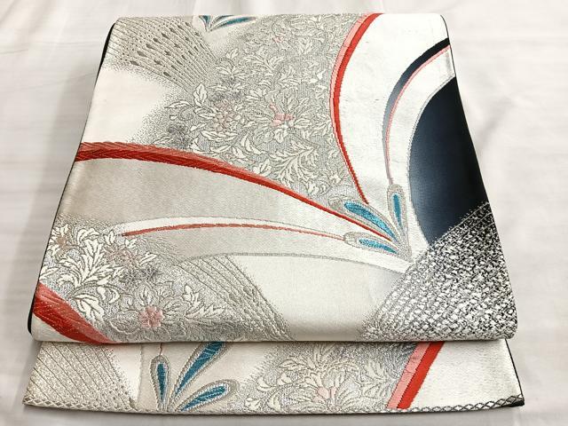 平和屋着物◎六通柄袋帯 更紗花文 銀糸 正絹 逸品 BAAL0413du