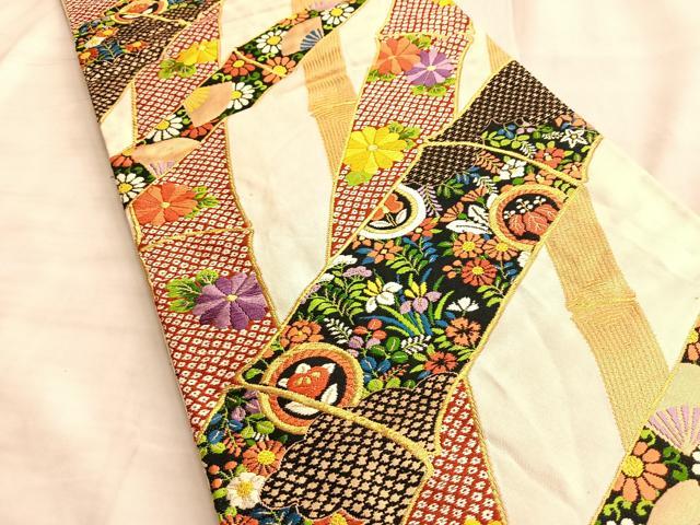 平和屋着物◎六通柄袋帯 竹取秋草文 金糸 正絹 逸品 BAAL0522du