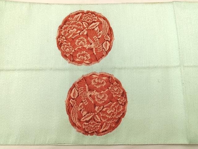 平和屋着物◎太鼓柄袋帯 花鳥絵皿 銀糸 正絹 逸品 BAAL1297if