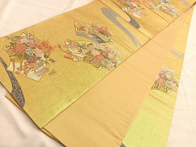 平和屋着物■六通柄袋帯 唐織 流水地紙花車文 金糸 正絹 逸品 BAAL2772du