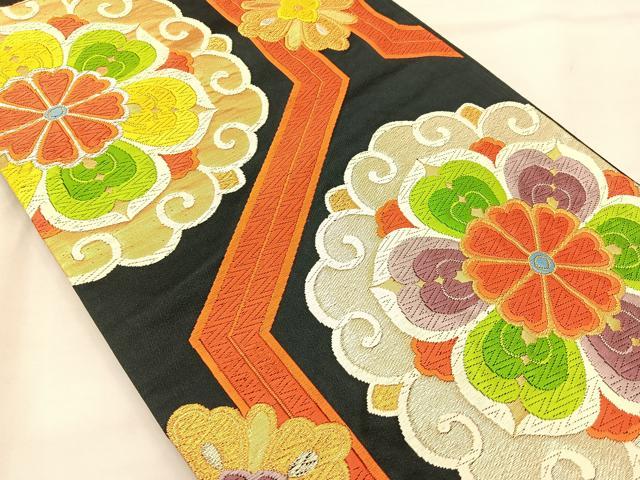 平和屋着物◎六通柄袋帯 唐織 亀甲花唐草文 黒地 金銀糸 正絹 逸品 BAAL3105if