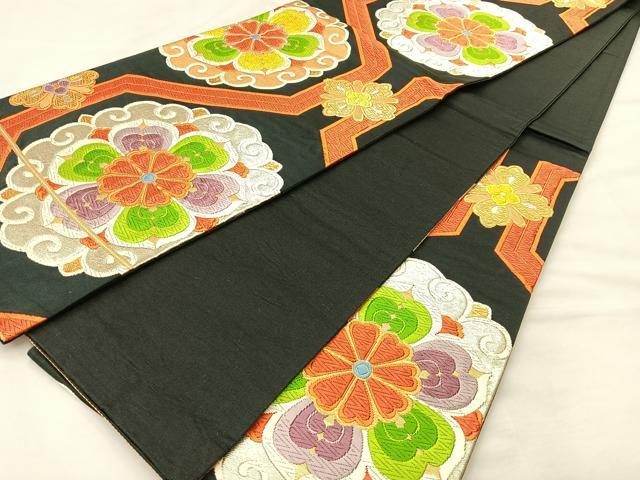 平和屋着物◎六通柄袋帯 唐織 亀甲花唐草文 黒地 金銀糸 正絹 逸品 BAAL3105if