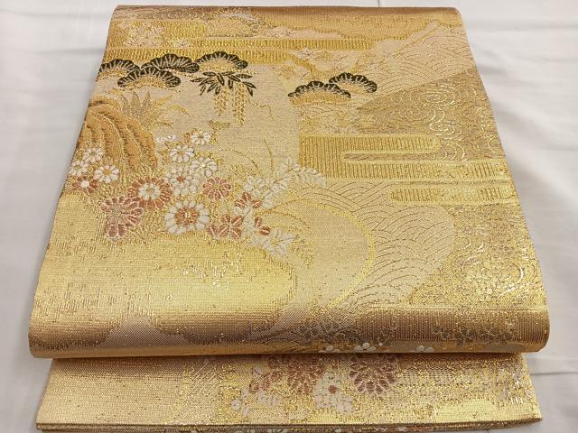 平和屋着物●佐賀錦 六通柄袋帯 唐織 雲取り流水花松文 金糸 正絹 逸品 BAAL6011ea