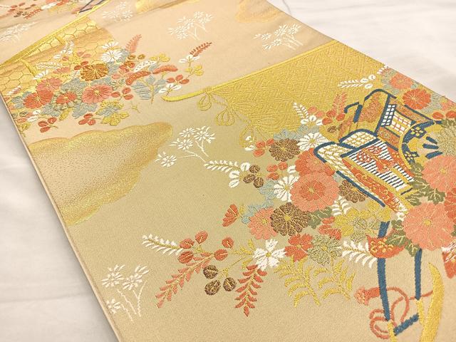 平和屋着物◎六通柄袋帯 唐織 几帳御所車花文 金糸 正絹 逸品 BAAL6223ea