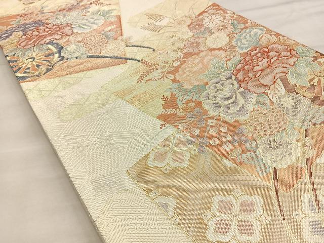 平和屋着物◎佐賀錦 六通柄袋帯 唐織 色紙取花車能衣文 金銀糸 正絹 逸品 BAAL6229ea
