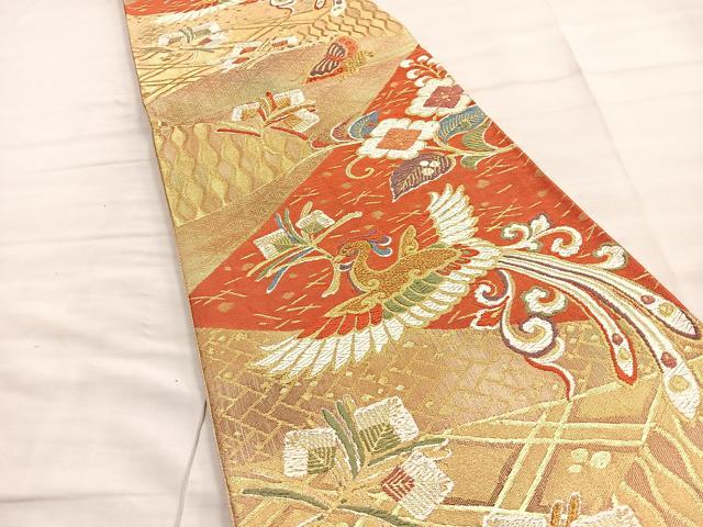 平和屋着物◎六通柄袋帯 唐織 尾長鳥花蝶文 金糸 正絹 逸品 BAAL7291di