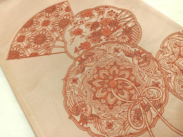 平和屋着物◎太鼓柄袋帯 刺繍 鏡裏花文 正絹 逸品 BAAL7852cm