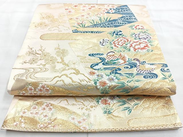 平和屋着物◎六通柄袋帯 唐織 色紙花鳥文 金銀糸 正絹 逸品 BAAL7886cm