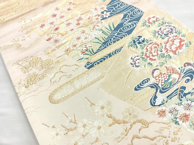 平和屋着物◎六通柄袋帯 唐織 色紙花鳥文 金銀糸 正絹 逸品 BAAL7886cm