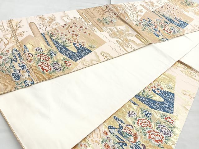 平和屋着物◎六通柄袋帯 唐織 色紙花鳥文 金銀糸 正絹 逸品 BAAL7886cm