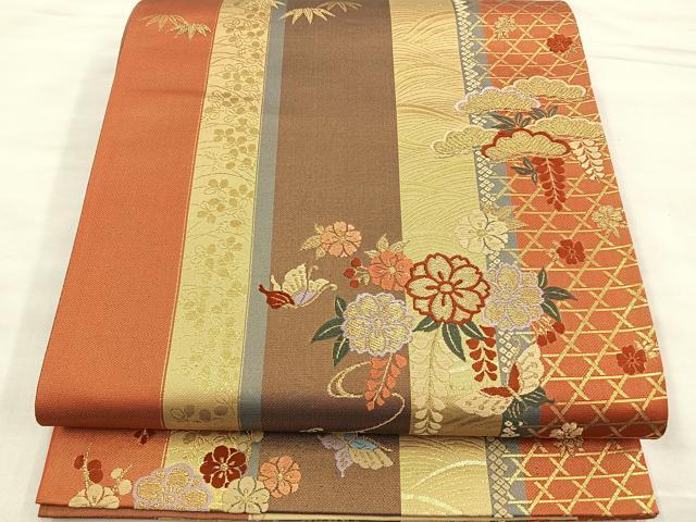 平和屋着物◎六通柄袋帯 唐織 竹垣花間道 金糸 正絹 逸品 BAAM1518ea