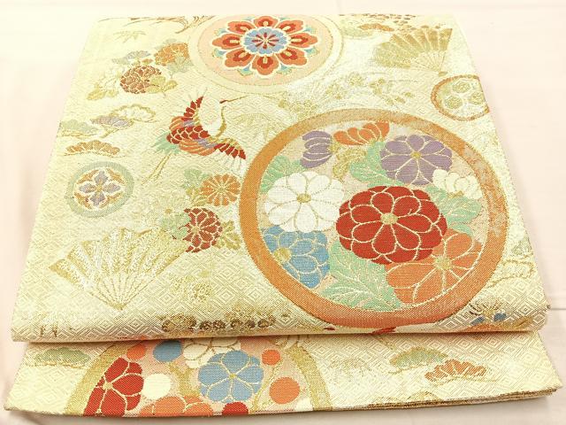平和屋着物◎本佐賀錦 六通柄袋帯 飛鶴花丸文 金糸 正絹 逸品 BAAM2196if