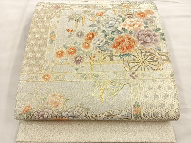 平和屋着物◎太鼓柄袋帯 格天井花車文 金糸 正絹 逸品 BAAM2594ea
