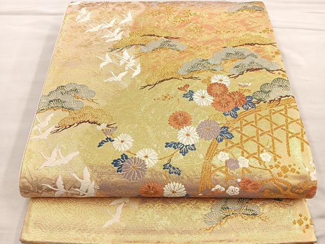 平和屋着物●六通柄袋帯 唐織 舞鶴籬花文 金糸 正絹 逸品 BAAM2750ea
