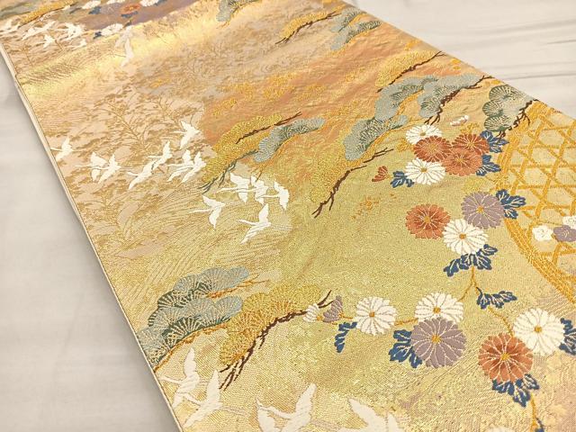 平和屋着物●六通柄袋帯 唐織 舞鶴籬花文 金糸 正絹 逸品 BAAM2750ea