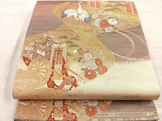 平和屋着物●六通柄袋帯 唐織 延喜絵巻流文 金糸 正絹 逸品 BAAM2758ea