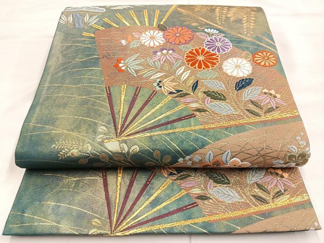 平和屋着物◎六通柄袋帯 唐織 華扇蒔絵文 金糸 正絹 逸品 BAAM3419cm