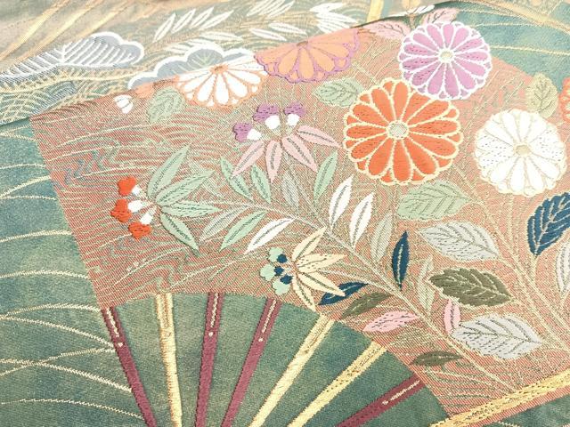 平和屋着物◎六通柄袋帯 唐織 華扇蒔絵文 金糸 正絹 逸品 BAAM3419cm