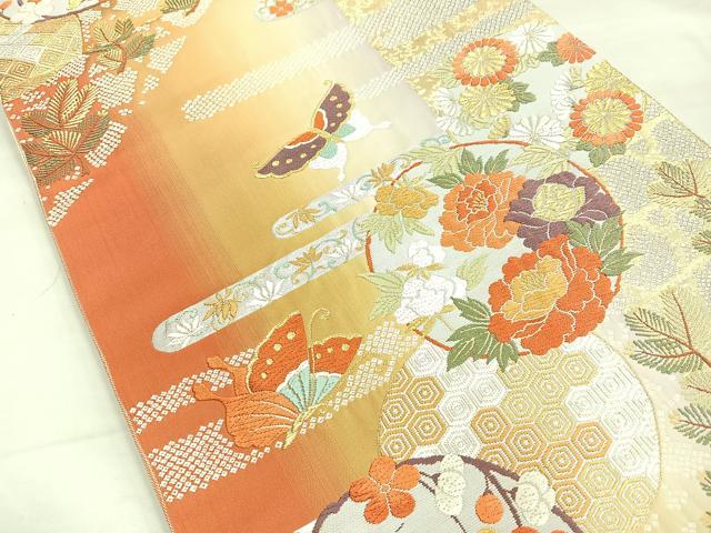 平和屋着物◎六通柄袋帯 唐織 花丸文 金銀糸 正絹 逸品 BAAM3429cm