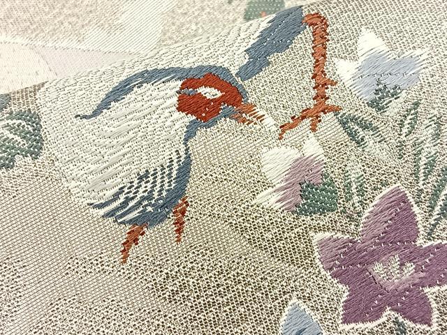 平和屋着物◎六通柄袋帯 唐織 道長扇面群鶴文 プラチナ箔 正絹 逸品 BAAM4807if