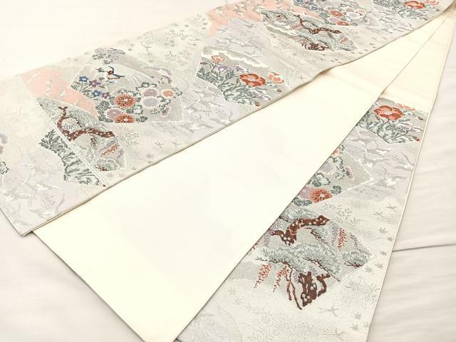 平和屋着物◎六通柄袋帯 唐織 道長扇面群鶴文 プラチナ箔 正絹 逸品 BAAM4807if