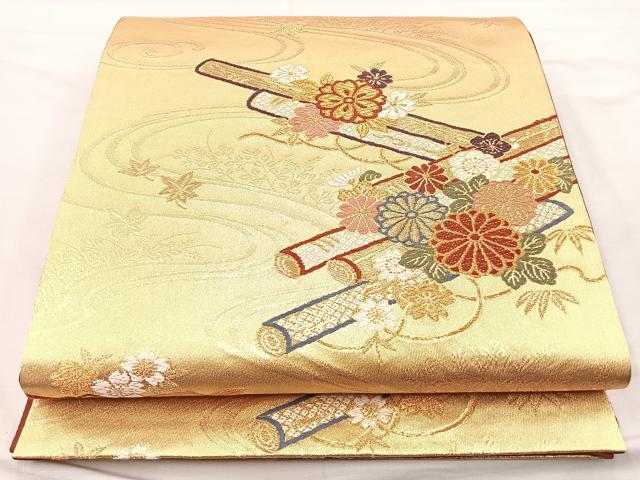 平和屋着物◎六通柄袋帯 唐織 花筏 金糸 正絹 逸品 BAAM4817if