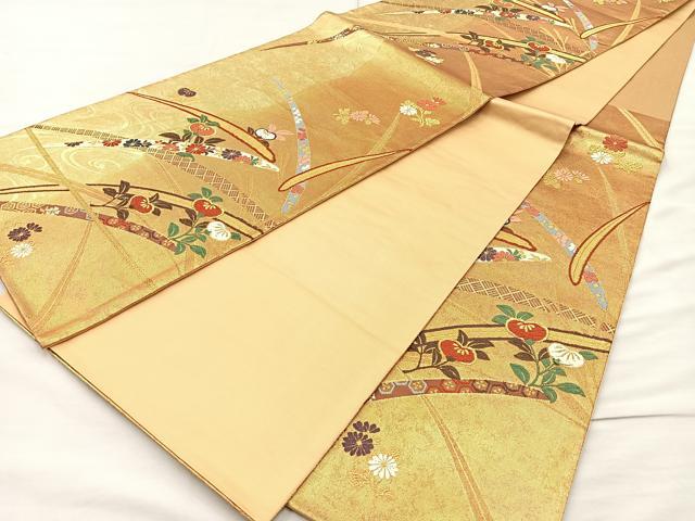 平和屋着物◎六通柄袋帯 唐織 橘草葉文 金糸 正絹 逸品 BAAM4840if
