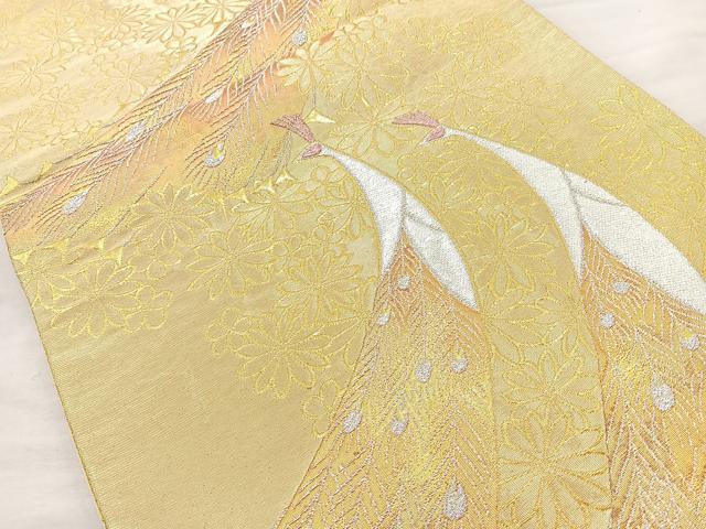 平和屋着物◎六通柄袋帯 孔雀花文 金銀糸 正絹 逸品 BAAM6550cm