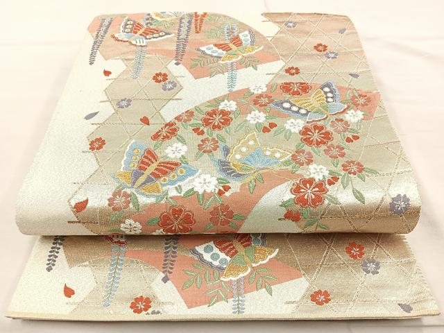 平和屋着物◎六通柄袋帯 地紙花蝶文 金糸 正絹 逸品 BAAM6564cm