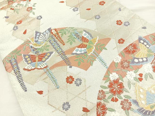 平和屋着物◎六通柄袋帯 地紙花蝶文 金糸 正絹 逸品 BAAM6564cm