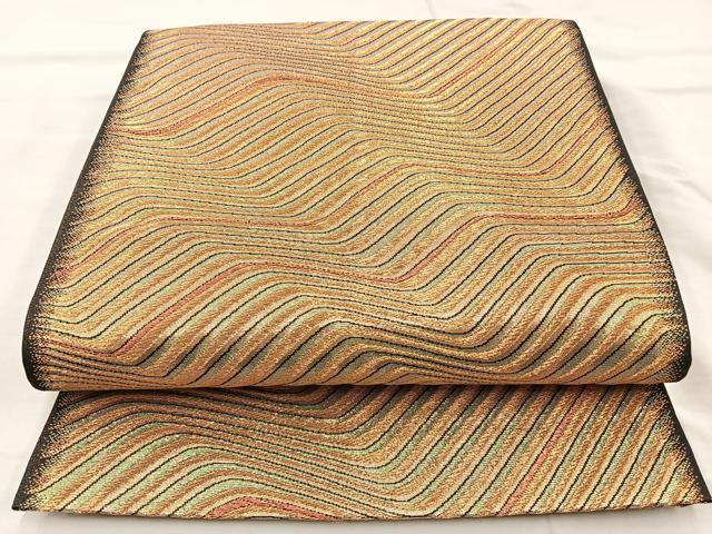 平和屋着物◎全通柄袋帯 流線文 金糸 正絹 逸品 BAAM6570cm