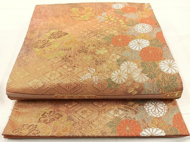 平和屋着物◎六通柄袋帯 格天井草花文 金糸 正絹 逸品 BAAM6571cm