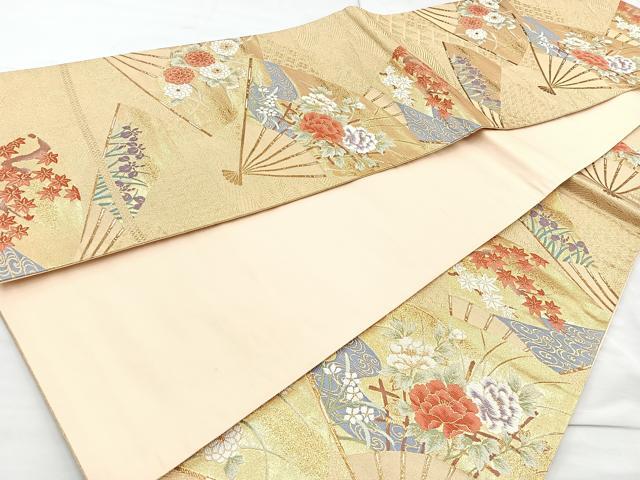 平和屋着物◎六通柄袋帯 扇面花文 金糸 正絹 逸品 BAAM6587cm