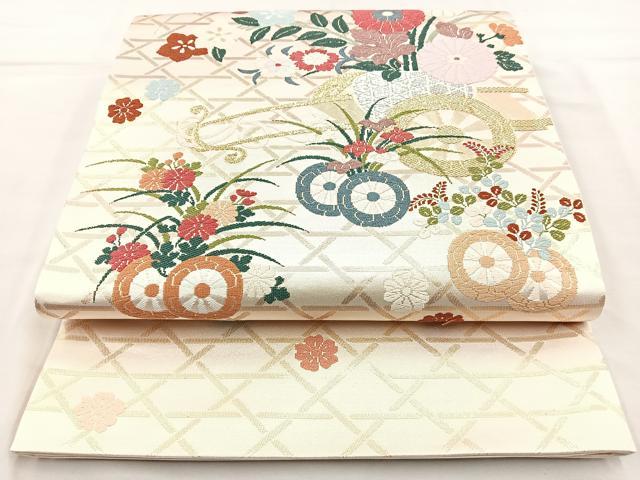 平和屋着物◎六通太鼓柄袋帯 唐織 能衣花車文 金銀糸 正絹 逸品 BAAM6606cm