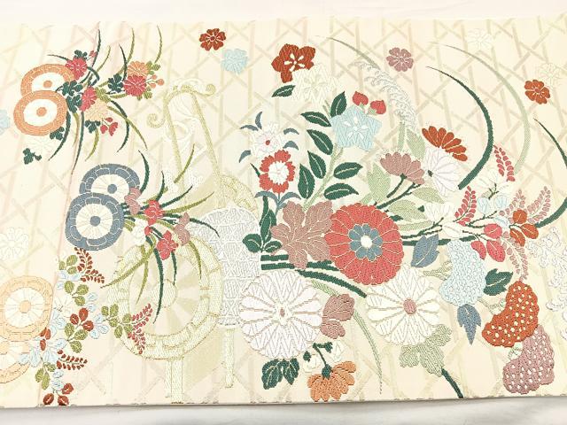 平和屋着物◎六通太鼓柄袋帯 唐織 能衣花車文 金銀糸 正絹 逸品 BAAM6606cm