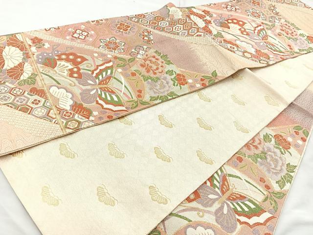 平和屋着物◎佐賀錦 六通柄袋帯 地紙花蝶文 金糸 正絹 逸品 BAAM6608cm
