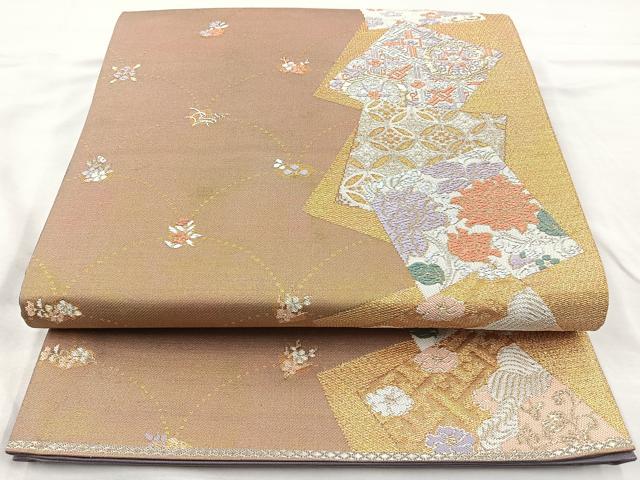 平和屋着物◎六通柄袋帯 唐織 色紙吉祥花文 金糸 正絹 逸品 BAAM6609cm