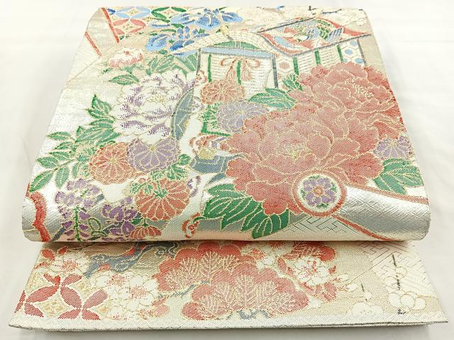 平和屋着物◎佐賀錦 六通柄袋帯 御所車花鳥文 金銀糸 正絹 逸品 BAAM6610cm
