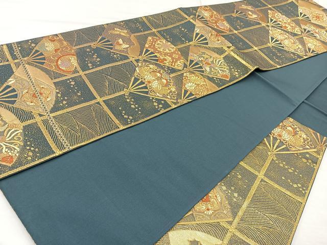 平和屋着物◎六通柄袋帯 唐織 扇面花鳥文 金糸 正絹 逸品 BAAM6625cm