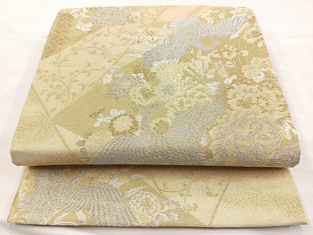 平和屋着物◎佐賀錦 六通柄袋帯 飛鶴花文 金銀糸 正絹 逸品 BAAM6632cm