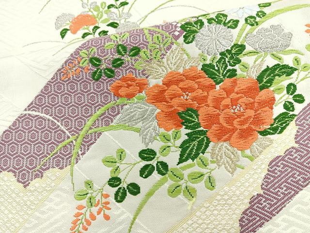 平和屋着物◎六通柄袋帯 唐織 草花文 金銀糸 正絹 逸品 BAAM6636cm