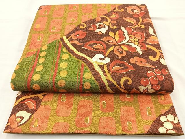 平和屋着物◎全通柄袋帯 切嵌更紗花文 結幡 金糸 正絹 逸品 BAAM6649cm