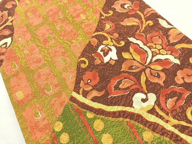 平和屋着物◎全通柄袋帯 切嵌更紗花文 結幡 金糸 正絹 逸品 BAAM6649cm