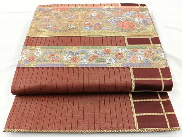 平和屋着物◎六通太鼓柄袋帯 吉祥花鳥文 金糸 正絹 逸品 BAAM6653cm