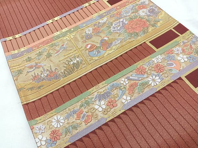 平和屋着物◎六通太鼓柄袋帯 吉祥花鳥文 金糸 正絹 逸品 BAAM6653cm
