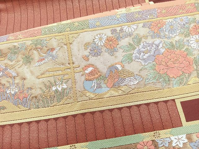 平和屋着物◎六通太鼓柄袋帯 吉祥花鳥文 金糸 正絹 逸品 BAAM6653cm