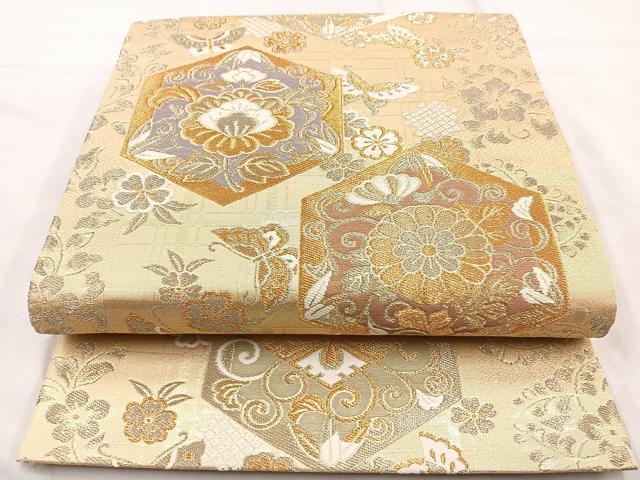 平和屋着物◎六通柄袋帯 亀甲花蝶文 金糸 正絹 逸品 BAAM6661cm