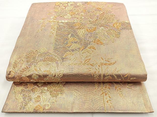 平和屋着物◎佐賀錦 六通柄袋帯 花鳥流水文 金糸 正絹 逸品 BAAM6667cm