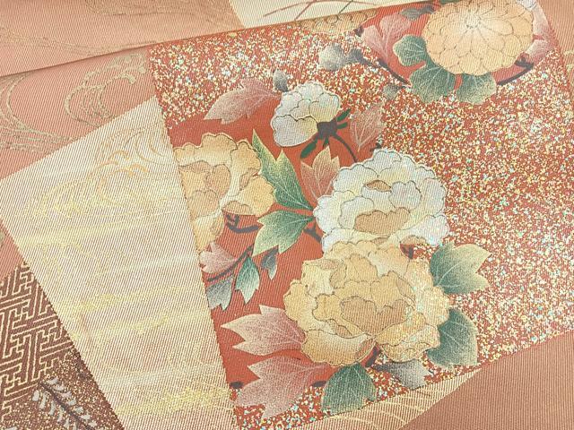 平和屋着物◎六通太鼓柄袋帯 色紙重ね花文 金彩 正絹 逸品 BAAM6696cm