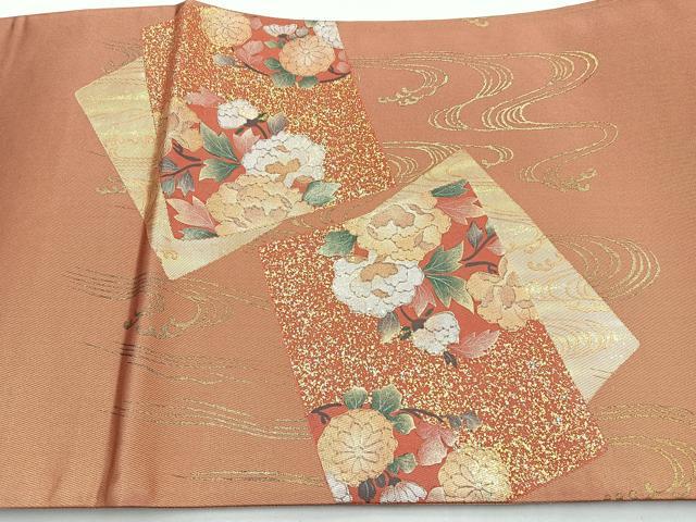 平和屋着物◎六通太鼓柄袋帯 色紙重ね花文 金彩 正絹 逸品 BAAM6696cm